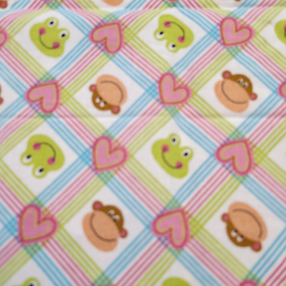Monkey Frog Heart Fabric JoAnn 18x42" Cotton Pink Blue Green Plaid Quilt Sewing